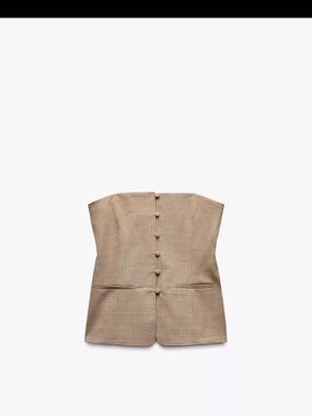Zara Beige Check Strapless Button-Front Top